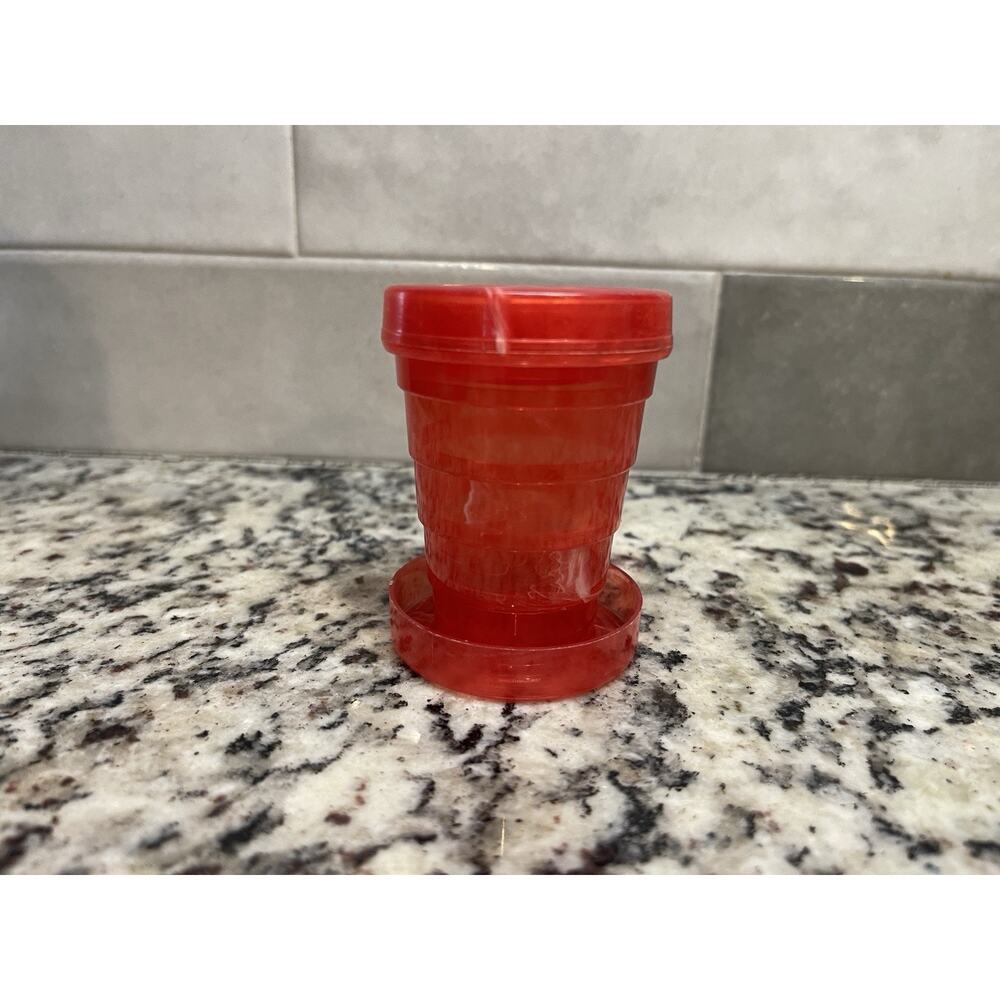 Stanhome Collapsible Travel Drinking Cup & Lid w/ Pill Holder Red Plastic Vtg